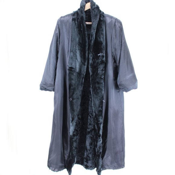 VTG Long Full Length Faux Fur Robe Coat Black Shawl Collar Roll Cuff Hinge Hook - Picture 7 of 10